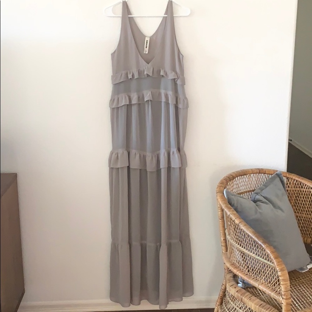 Amadi Anthropologie Taupe Ruffle Maxi Dress